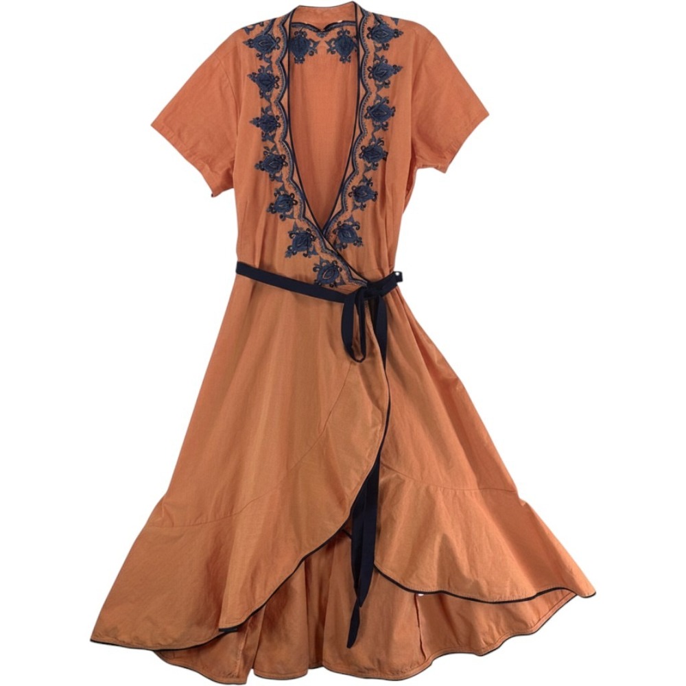 Orange Embroidered Wrap Midi Dress Short Sleeve Navy Floral Boho Terracotta